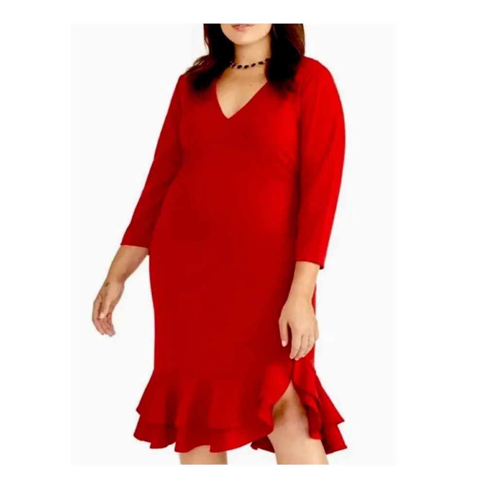 RACHEL ROY Womens Red 3/4 Sleeve Fit + Flare Cocktail Dress Plus 14W